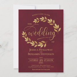 Rustic Golden Leaves Elegant Burgundy Wedding Kaart