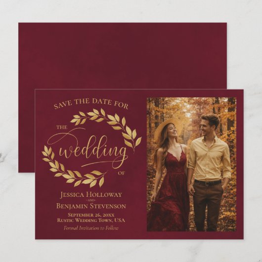 Rustic Golden Leaves on Burgundy Photo Wedding Save The Date (Voorkant / Achterkant)