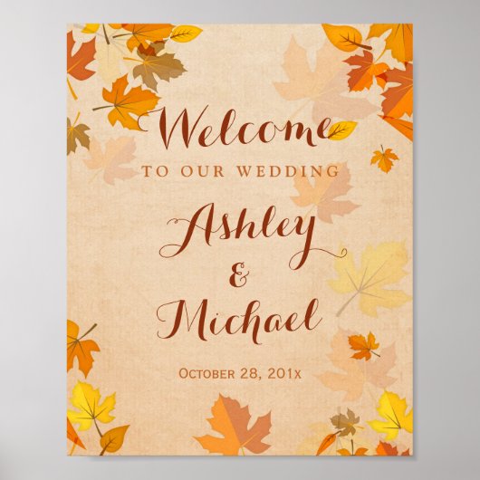 Rustic Golden Maple Leaves Fall Wedding Sign Poster (Voorkant)