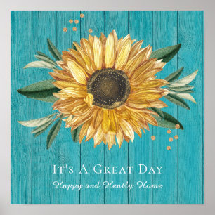 Rustic Golden Sunflower Blauwgroen Blue Barn Wood Poster