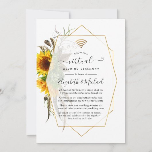 Rustic Golden Sunflower Geometric Virtual Wedding Kaart (Voorkant)