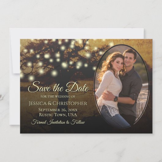 Rustic Golden Tree Lights & Foto Elegant Wedding Save The Date (Voorkant)