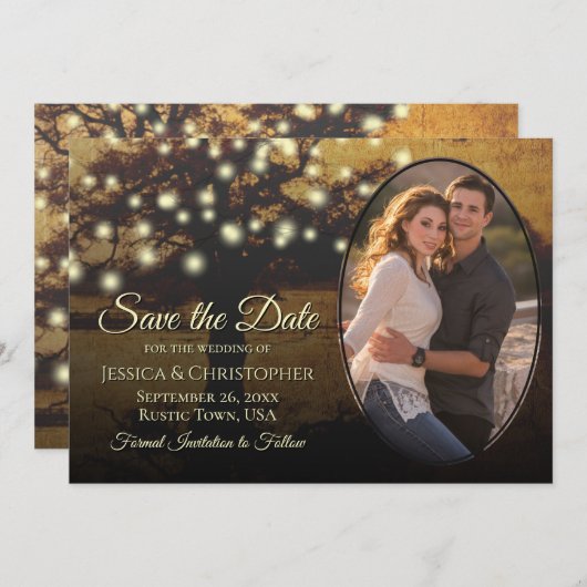 Rustic Golden Tree Lights & Foto Elegant Wedding Save The Date (Voorkant / Achterkant)