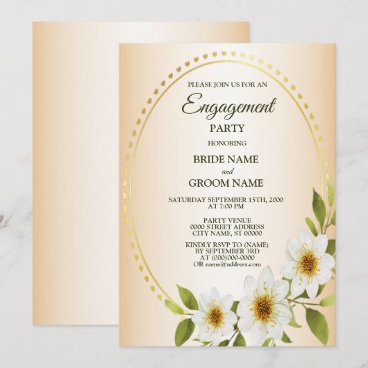 Rustic Golden White Floral Peach Engagement Party Kaart (Voorkant / Achterkant)