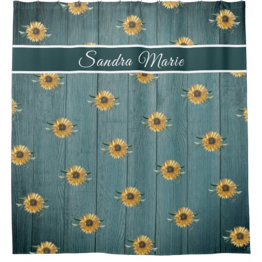 Rustic Golden Yellow Sunflower Verde Green Wood | Douchegordijn (Voorkant)