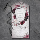 Rustic Gothic Black & Burgundy Halloween Dinner All In One Uitnodiging<br><div class="desc">BESCHIKBAAR MET OF ZONDER EEN QR-CODE OF MET OF ZONDER DINER SELECTION OPTIONS. Deze leuke,  Halloween-uitnodiging voor bruiloft is voorzien van roze,  Bourgogne,  zwarte bloemen en spookkige decoraties zoals spinnen,  doodskisten,  webs en vleermuizen op een woeste en zwarte achtergrond. Ideaal voor de Halloween-bruiloft. Creëer door Simply Farmhouse Press.</div>