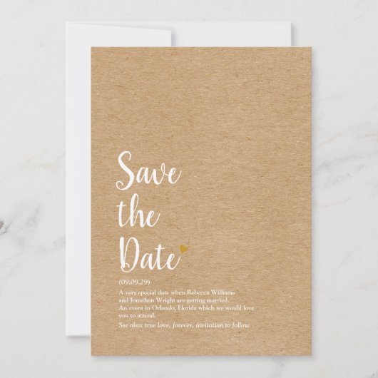 Rustic Goud Hart Script Save the Date Definitie Kaart (Voorkant)