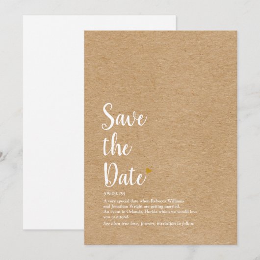 Rustic Goud Hart Script Save the Date Definitie Kaart (Voorkant / Achterkant)