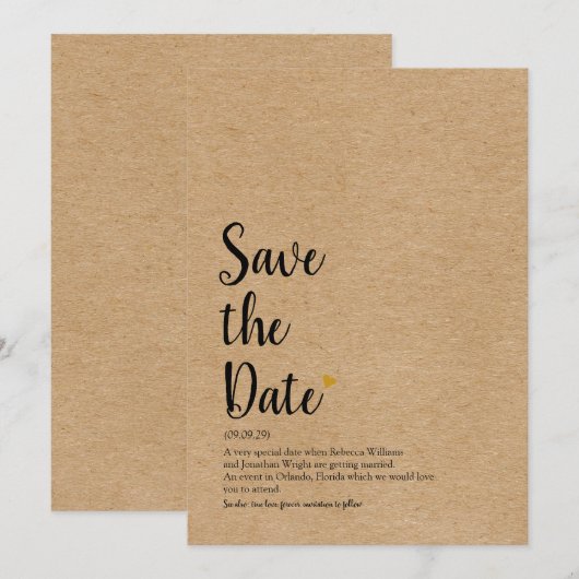 Rustic Goud Hart Script Save the Date Definitie Kaart (Voorkant / Achterkant)