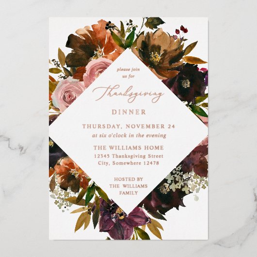 Rustic Goud Herfst Bloem Thanksgiving S2 Folie Uitnodiging (Voorkant)