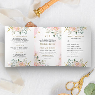Rustic Goud Roze Bloemen All-in-One Trouwfeest Drieluik Uitnodiging