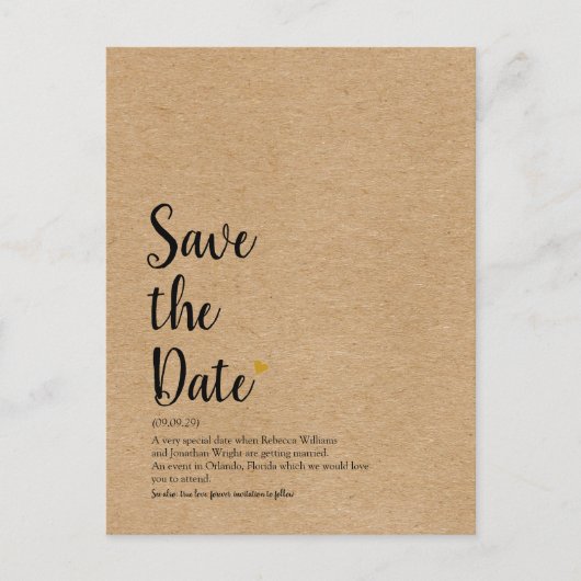 Rustic Gouden Hart Script Save the Date Definitie Briefkaart (Voorkant)
