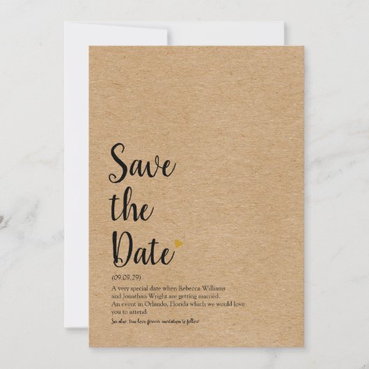 Rustic Gouden Hart Script Save the Date Definitie Kaart (Voorkant)