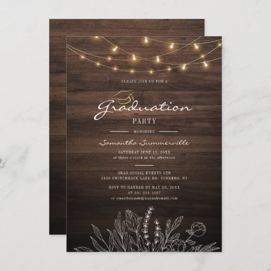 Rustic Graduation Party 2022 String Lights Kaart (Voorkant / Achterkant)