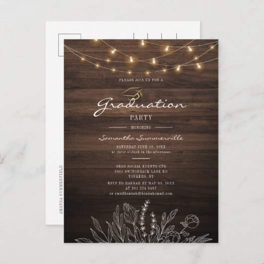 Rustic Graduation Party 2022 String Lights Uitnodiging Briefkaart (Voorkant / Achterkant)