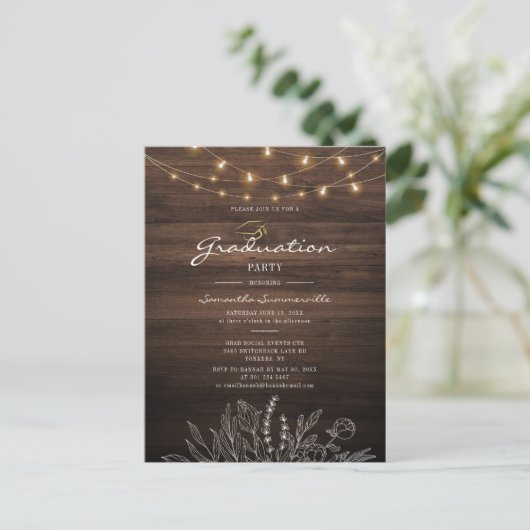 Rustic Graduation Party 2022 String Lights Uitnodiging Briefkaart (Staand voorkant)
