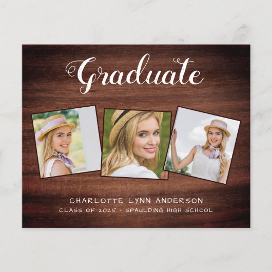Rustic Graduation Party 3 Foto Budget Invitation (Voorkant)