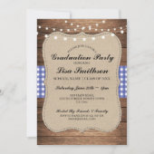 Rustic Graduation Party Blue Check Wood Invite Kaart (Voorkant)