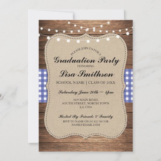 Rustic Graduation Party Blue Check Wood Invite Kaart (Voorkant)