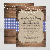 Rustic Graduation Party Blue Check Wood Invite Kaart (Voorkant / Achterkant)