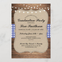 Rustic Graduation Party Blue Check Wood Invite