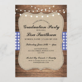 Rustic Graduation Party Blue Check Wood Invite Kaart
