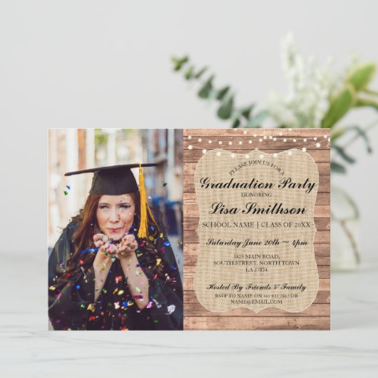 Rustic Graduation Party Burlap Wood Afstuderen Kaart (Staand voorkant)