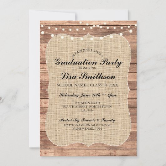 Rustic Graduation Party Floral Burlap Wood Invite Kaart (Voorkant)
