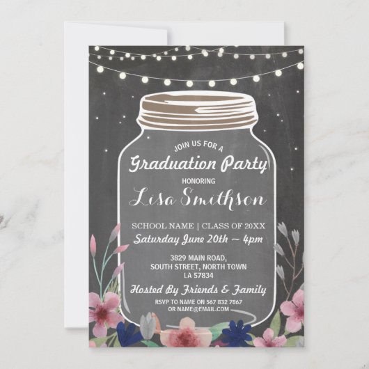 Rustic Graduation Party Jar Chalk Flowers nodigt u Kaart (Voorkant)