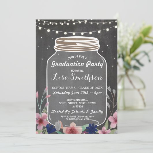 Rustic Graduation Party Jar Chalk Flowers nodigt u Kaart (Staand voorkant)
