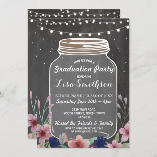 Rustic Graduation Party Jar Chalk Flowers nodigt u Kaart (Voorkant / Achterkant)