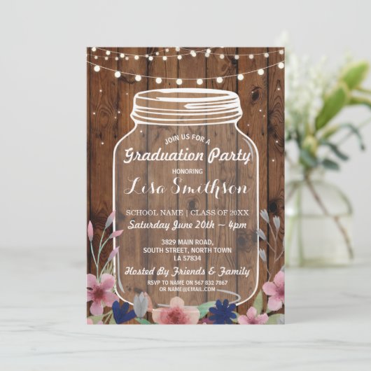 Rustic Graduation Party Jar Wood Flowers nodigt ui Kaart (Staand voorkant)