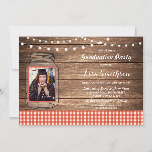 Rustic Graduation Party Jar Wood Red Gingham Foto Kaart (Voorkant)