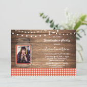 Rustic Graduation Party Jar Wood Red Gingham Foto Kaart (Staand voorkant)