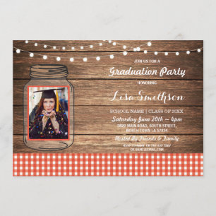 Rustic Graduation Party Jar Wood Red Gingham Foto Kaart