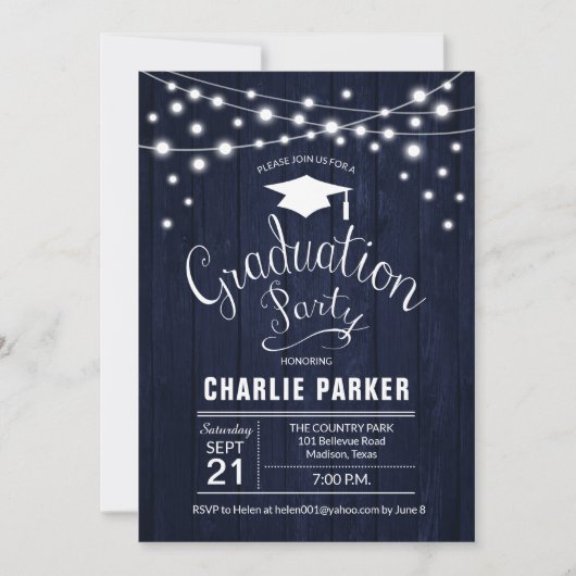 Rustic Graduation Party Navy Blue Wood Pattern Kaart (Voorkant)
