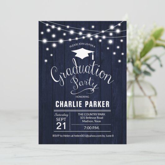 Rustic Graduation Party Navy Blue Wood Pattern Kaart (Staand voorkant)