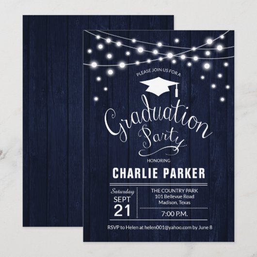 Rustic Graduation Party Navy Blue Wood Pattern Kaart (Voorkant / Achterkant)