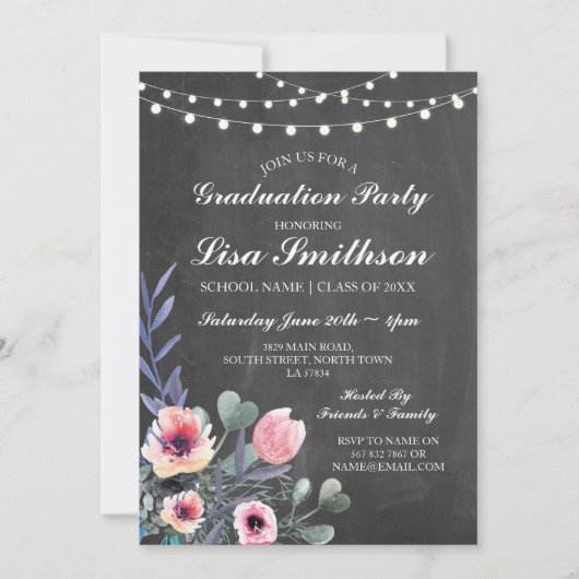 Rustic Graduation Party Pastels Pink Flower Invite Kaart (Voorkant)