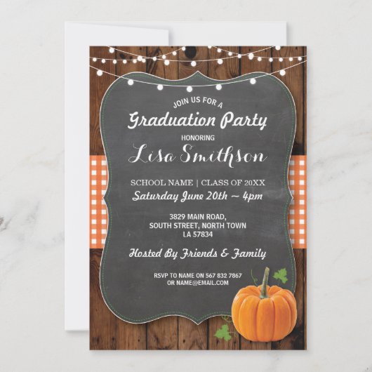 Rustic Graduation Party Pumpkin Wood Chalk Herfst Kaart (Voorkant)