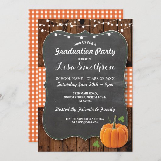 Rustic Graduation Party Pumpkin Wood Chalk Herfst Kaart (Voorkant / Achterkant)
