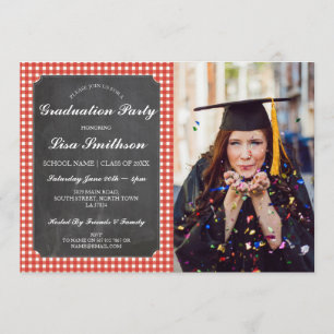 Rustic Graduation Party Red Check Chalk BBQ Foto Kaart