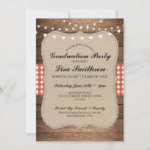 Rustic Graduation Party Red Check Wood Invite Kaart (Voorkant)