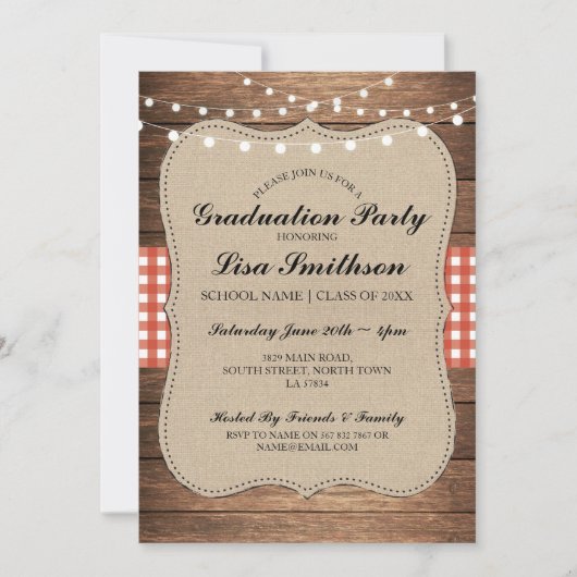 Rustic Graduation Party Red Check Wood Invite Kaart (Voorkant)