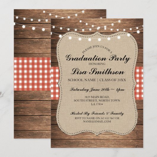 Rustic Graduation Party Red Check Wood Invite Kaart (Voorkant / Achterkant)