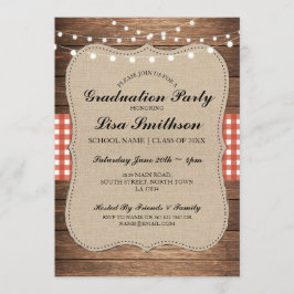 Rustic Graduation Party Red Check Wood Invite Kaart