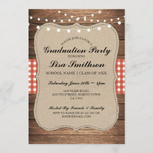 Rustic Graduation Party Red Check Wood Invite Kaart