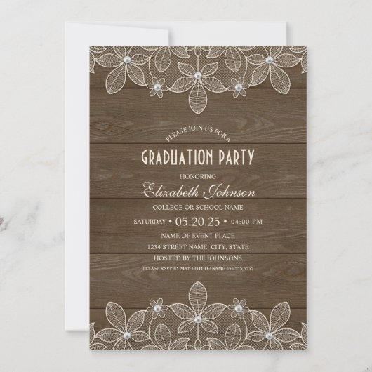 Rustic Graduation Party Wood Lace Pearl Afstudeerd Kaart (Voorkant)