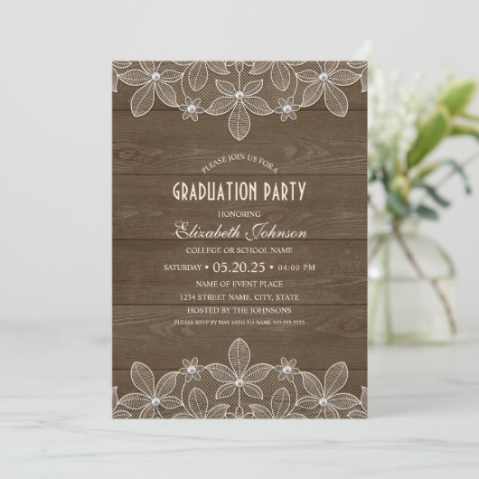 Rustic Graduation Party Wood Lace Pearl Afstudeerd Kaart (Staand voorkant)
