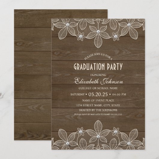 Rustic Graduation Party Wood Lace Pearl Afstudeerd Kaart (Voorkant / Achterkant)